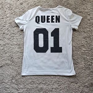White T-Shirt with Black 'Queen 01' Print
